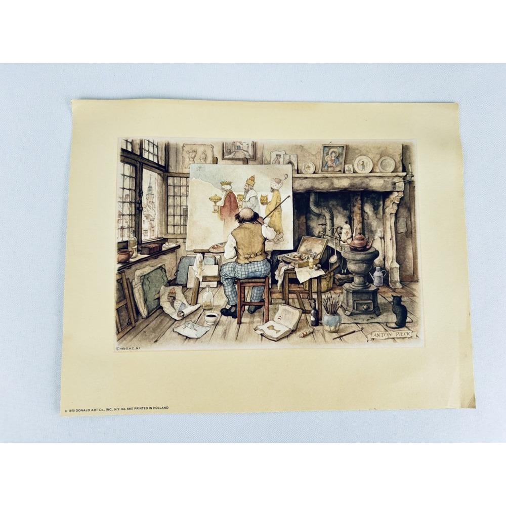 Vintage Anton Pieck Signed Small Pastel Detailed Print of Painter Painting Three